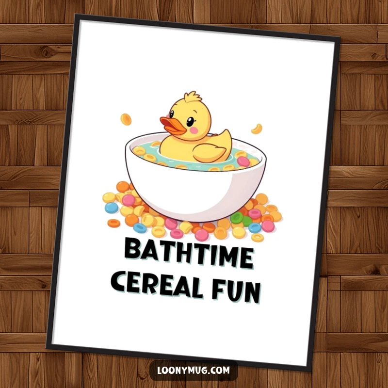 Funny rubber duck floating in a giant cereal bowl, digital art print, curious expression, humorous wall decor.