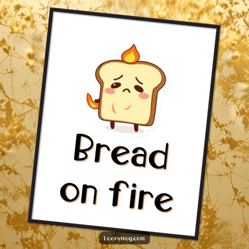 Funny digital art print of a nervous slice of toast trying to put out a small fire on its back, offering instant art.