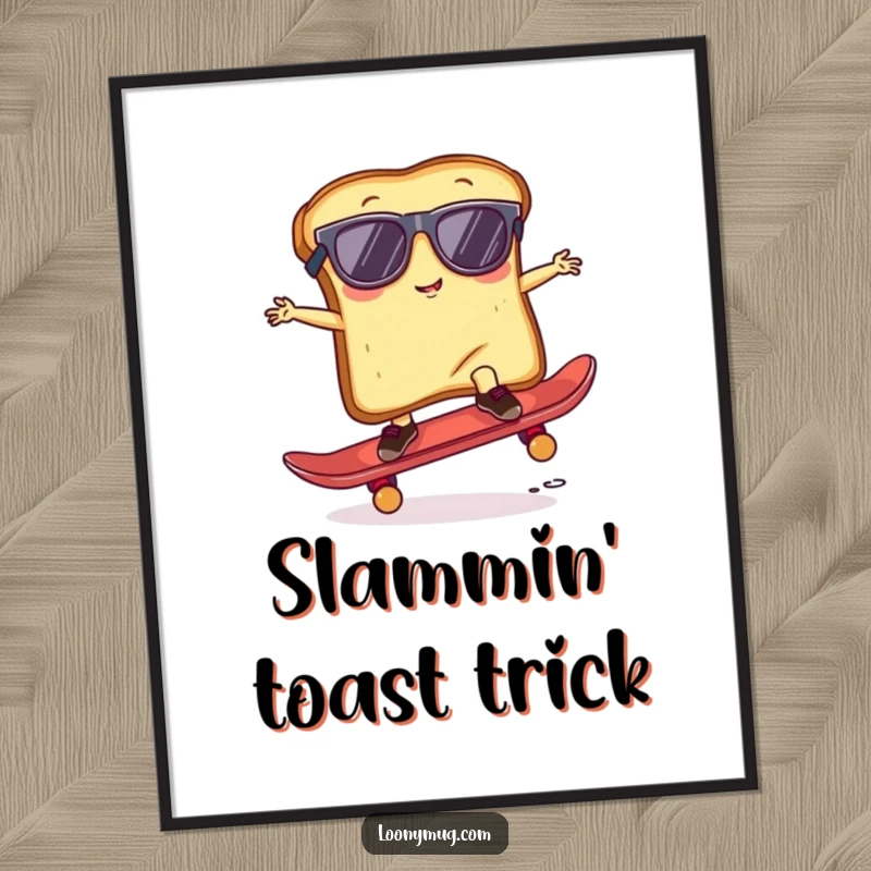 Funny Digital Art Print of a slice of toast wearing sunglasses, attempting a skateboard trick, perfect for cool wall decor.