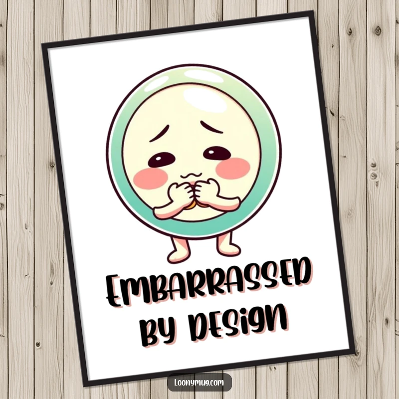 Funny digital art print of a shy button character fumbling with its buttons, capturing adorable social nervousness.