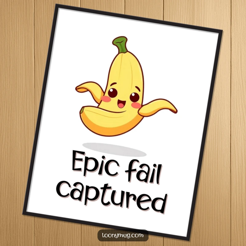 Funny Digital Art Print of a cheerful banana peel comically slipping on itself with a surprised expression, iconic humor.