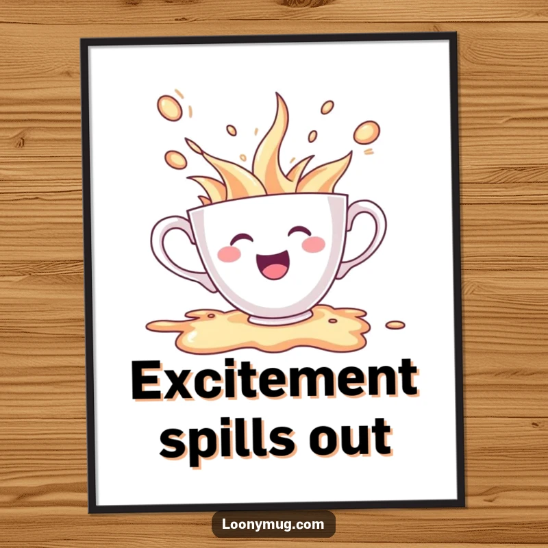 Funny digital art print of a cheerful teacup character spilling its contents in excitement, capturing pure joy.