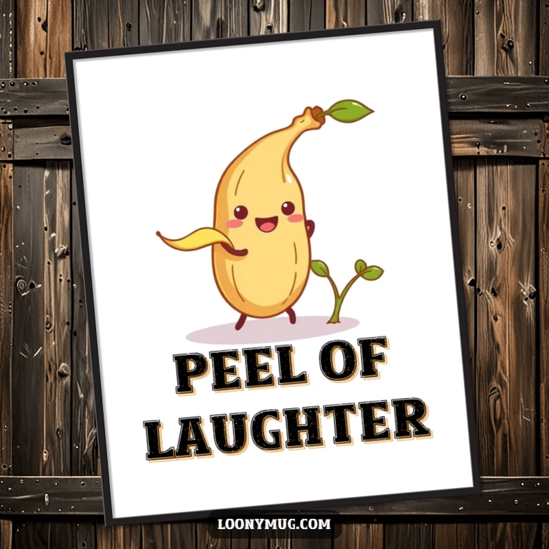 Funny digital art print of a mischievous banana peel attempting to trip a smiling potato sprout, capturing cartoon slapstick.