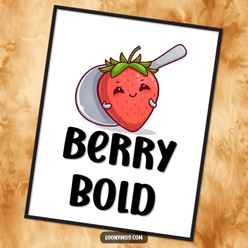 Funny digital art of a blushing strawberry hiding behind a giant spoon, a cute and humorous printable.