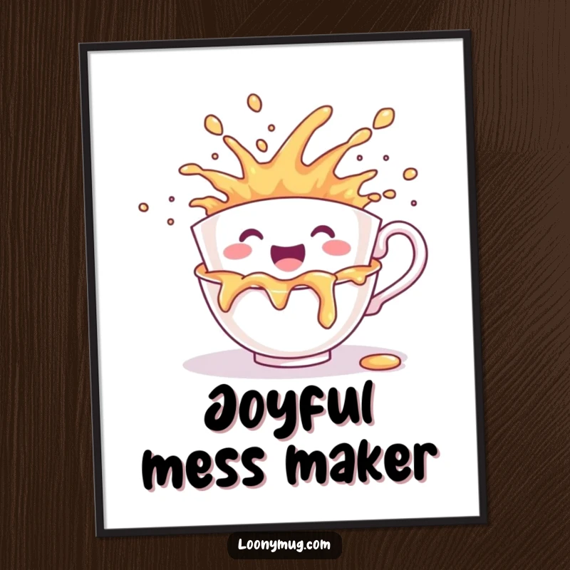 Funny digital art print of a cheerful teacup character joyfully spilling its contents in an explosive manner.
