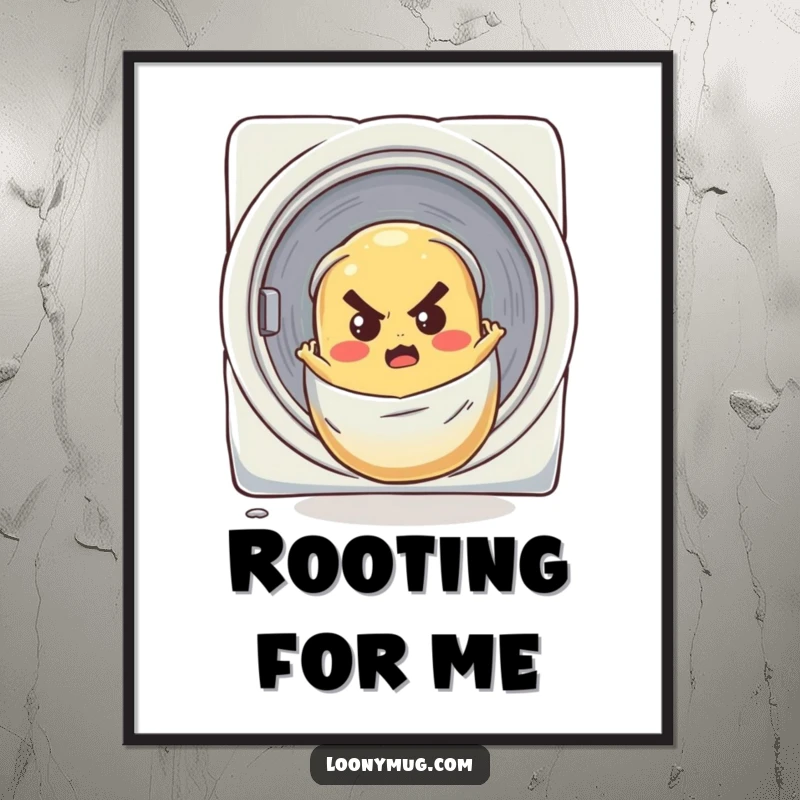 Funny digital art print of a determined potato rolling down a laundry chute, a humorous and downloadable artwork.