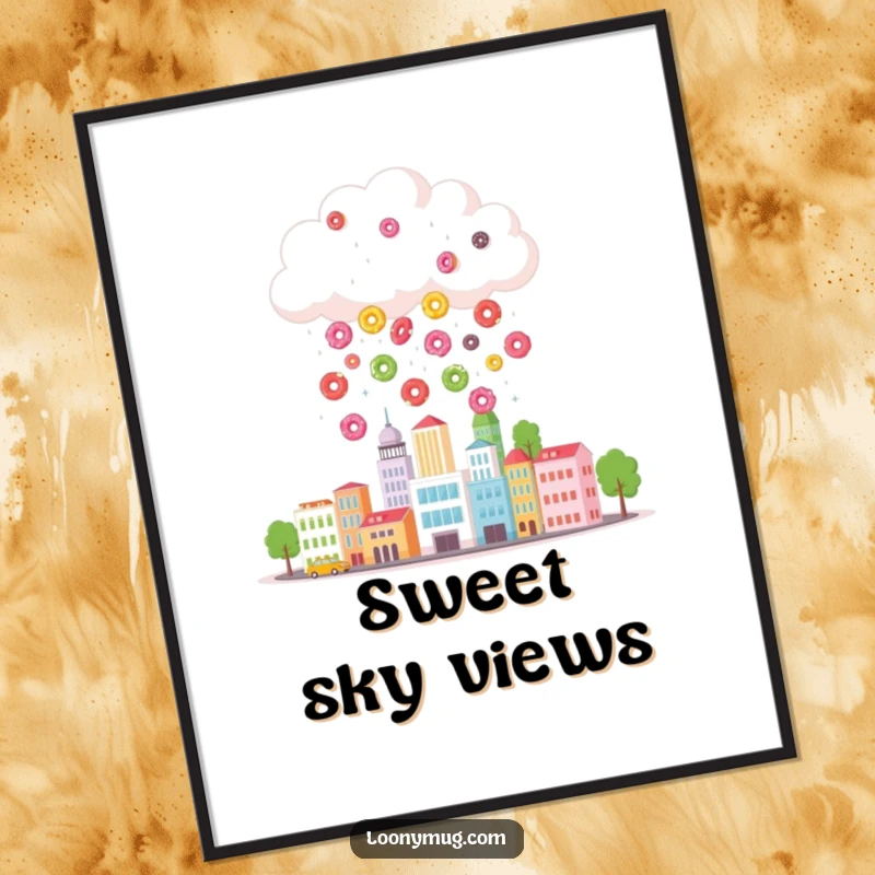 Funny digital art print of a cloud raining colorful donuts onto a tiny cityscape, ready for instant download and humorous wall decor.