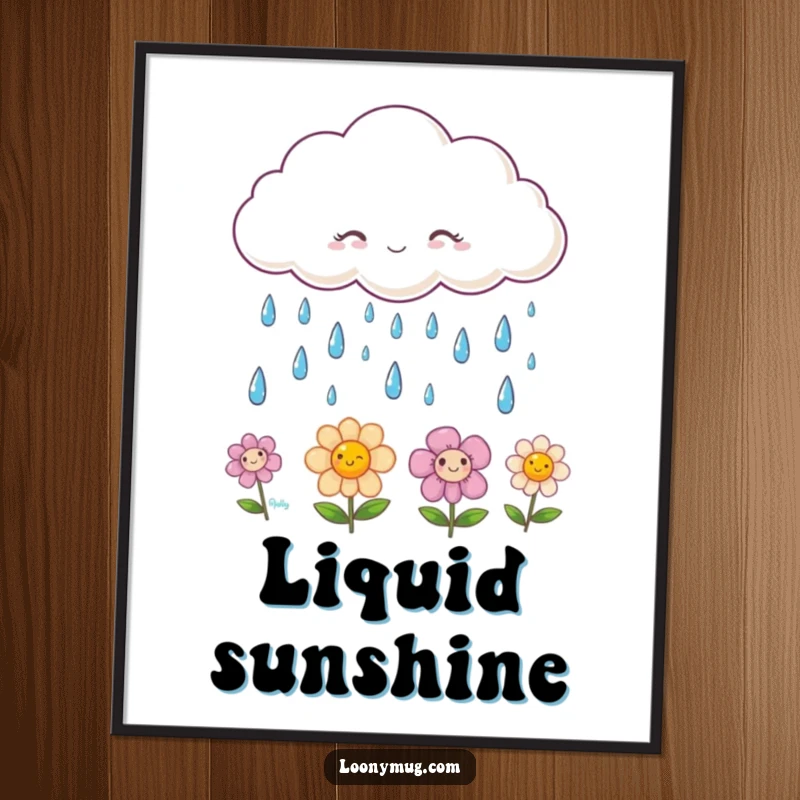 Funny digital art print of a fluffy cloud raining smiling raindrops onto vibrant happy flowers, offering instant cheerful decoration.