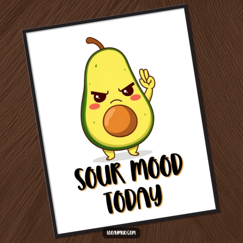 Funny digital art print of a grumpy avocado character giving a reluctant high-five, capturing humorous social obligation.