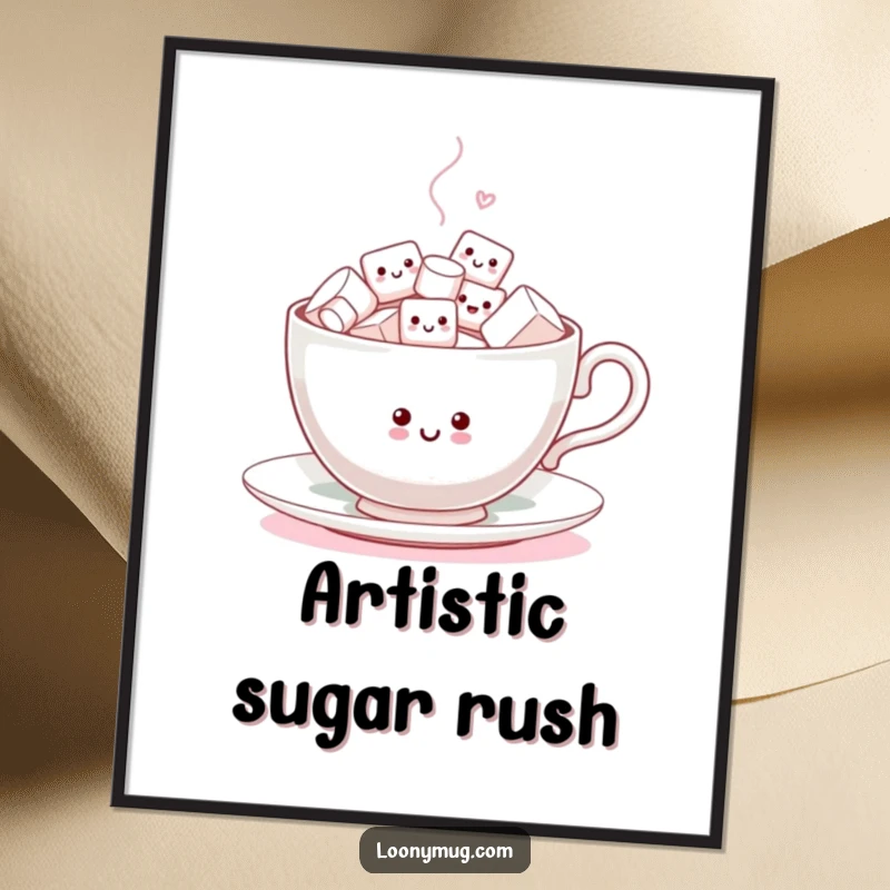 Funny Digital Art Print of a delightful teacup packed with tiny, energetic marshmallows doing a happy dance, perfect decor.