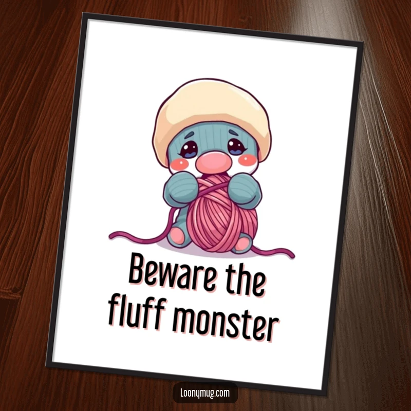 Funny digital art print of a sock puppet with an insatiable appetite, hilariously attempting to consume a giant ball of colorful yarn.