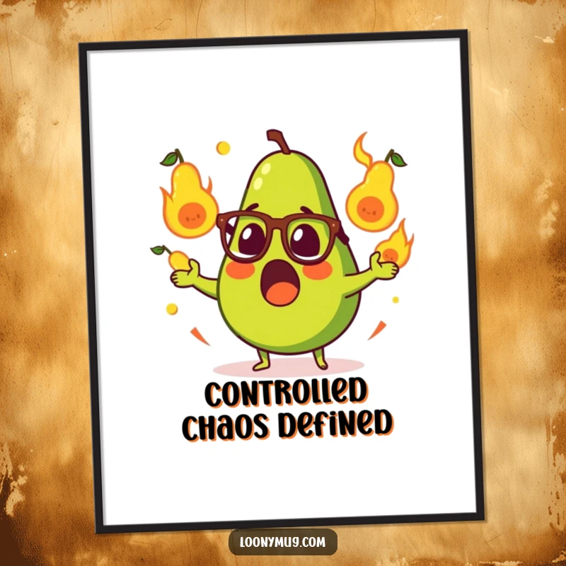 Funny digital art print of a surprised avocado wearing glasses, juggling flaming pears, offering instant humorous wall art.