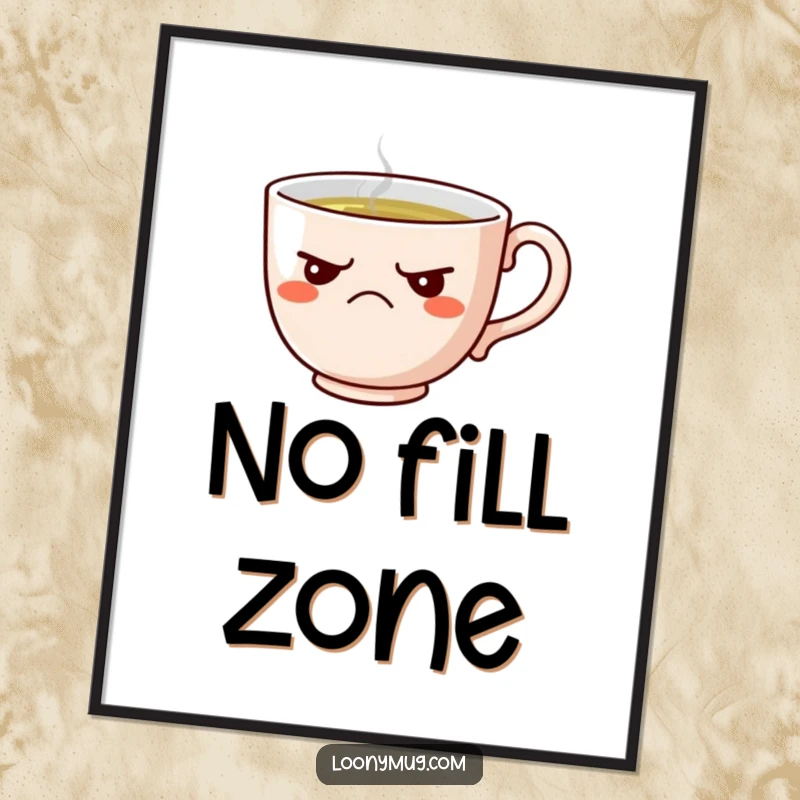 Funny digital artwork of a grumpy teacup refusing tea, ideal for instant sarcastic and humorous decor.