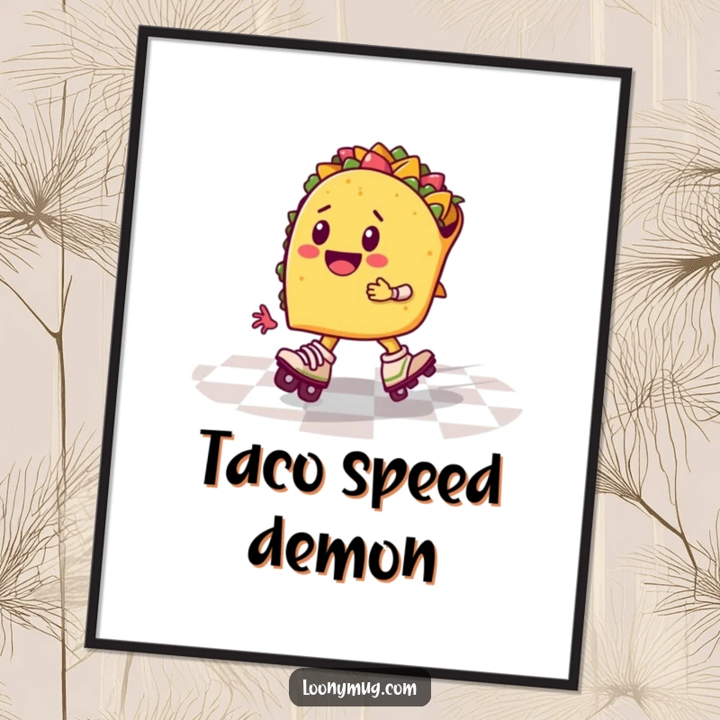 Funny taco wearing roller skates, zooming across a checkered floor, digital art print, energetic and humorous.