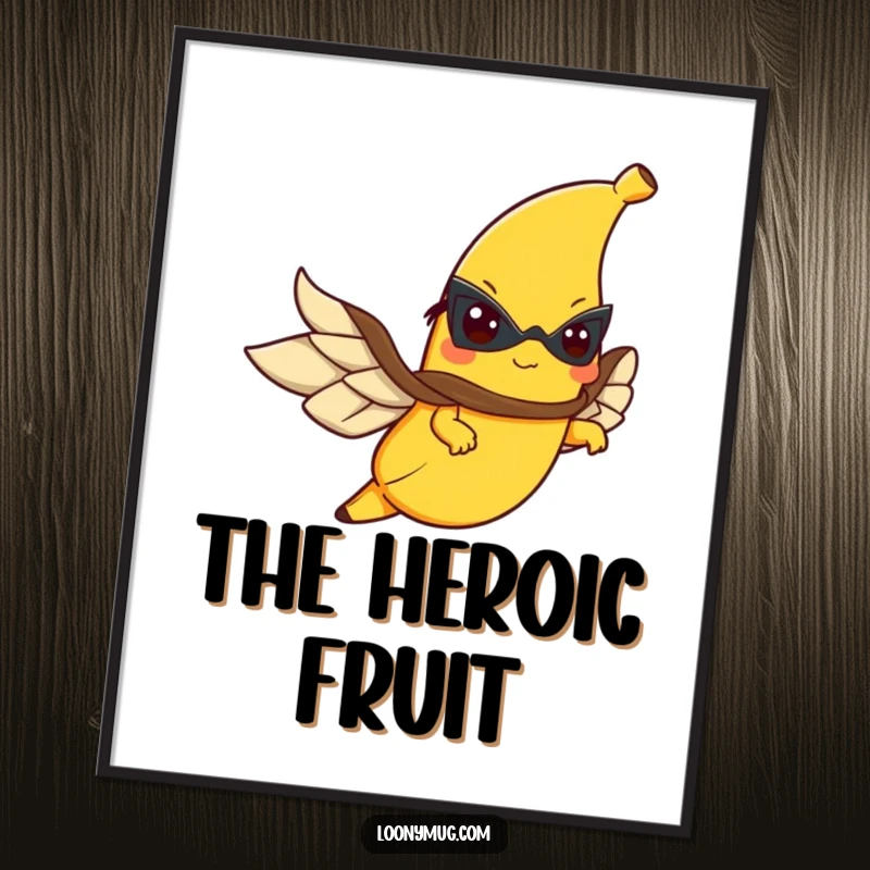 Funny digital art print of a determined banana wearing a cape and flying, embodying heroic fruit.