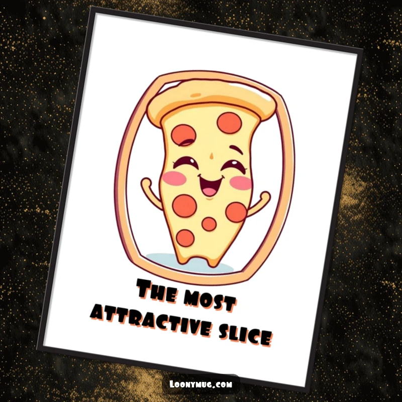 Funny digital art print of a giggling pizza slice character making funny faces at its reflection, for instant fun.