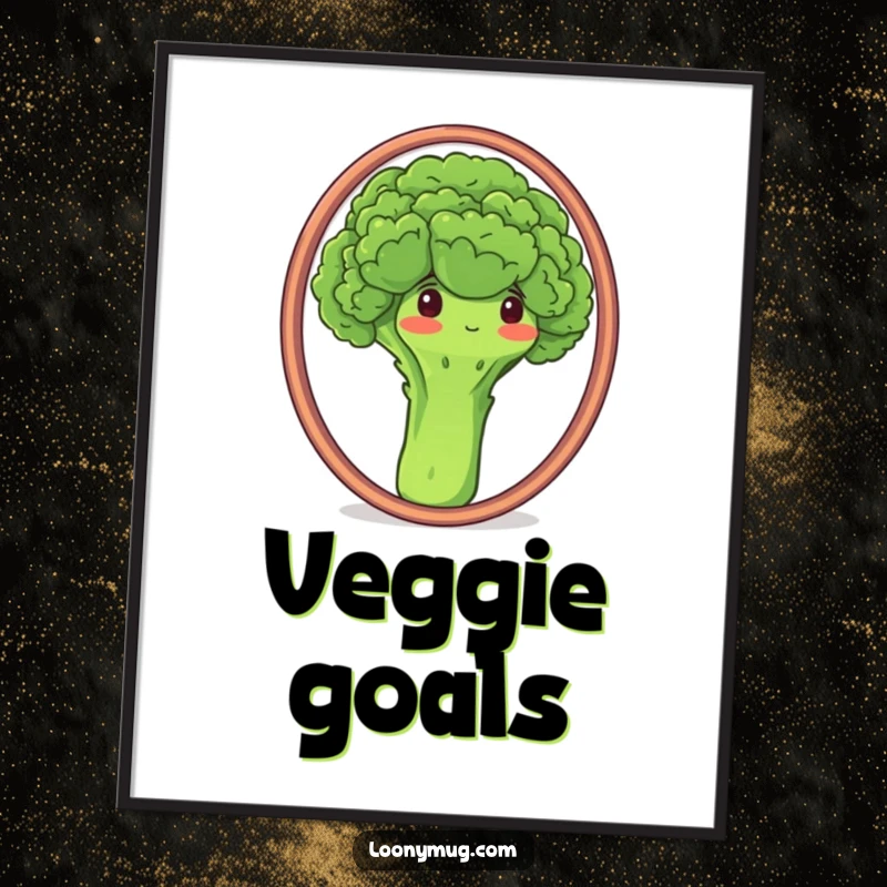 Funny digital art of a proud broccoli admiring its florets in a mirror, a humorous and printable vegetable design.