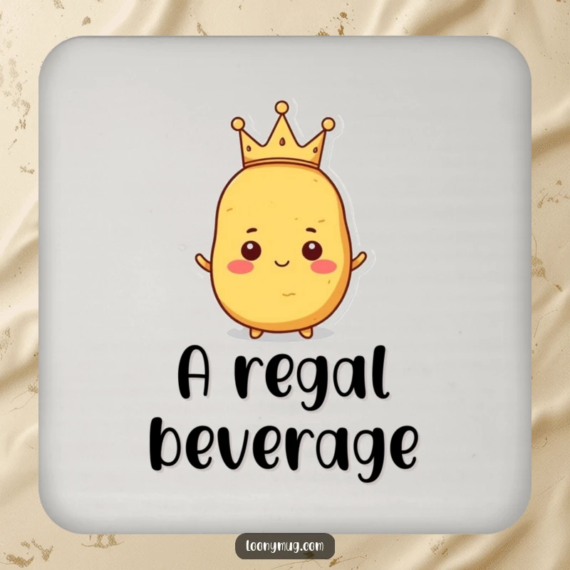 Funny coaster set featuring a proud potato wearing a tiny, crooked crown, offering stylish protection.