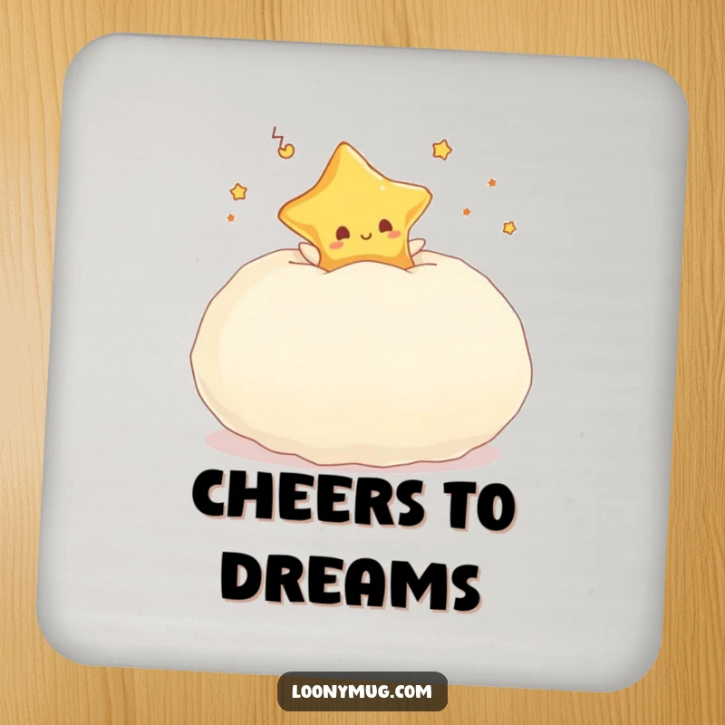 Funny drink coaster featuring a dreaming star character bouncing on a giant, fluffy pillow.