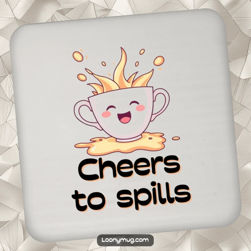 Funny drink coaster featuring a cheerful teacup character spilling its contents in excitement, for humorous surface protection.