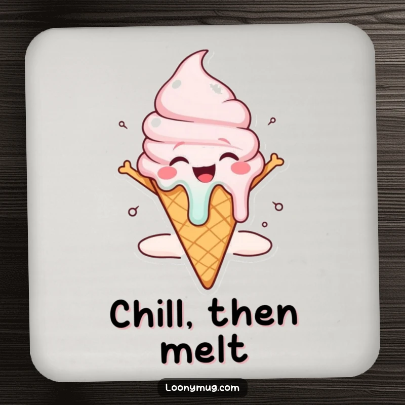 Funny ice cream cone coaster character melting dramatically with joy, a humorous table protector.