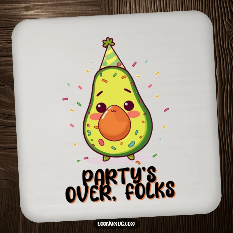 Funny avocado with party hat and confetti, surprised expression, on a drink coaster, protecting surfaces with humor.