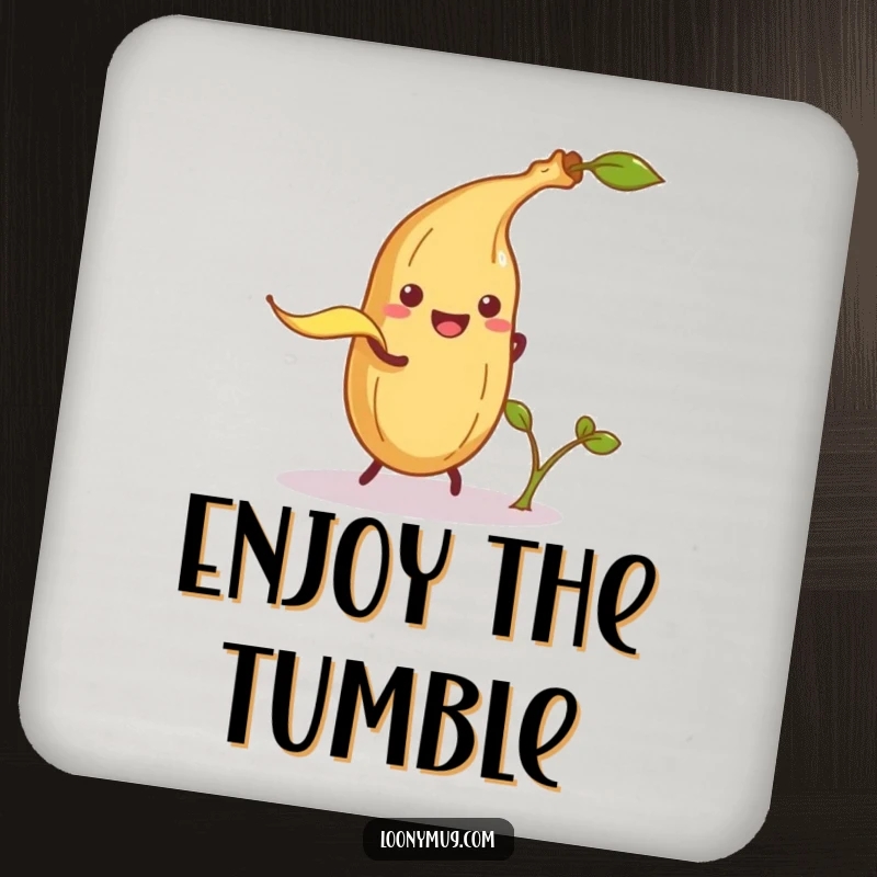 Funny drink coasters featuring a mischievous banana peel attempting to trip a potato sprout, protecting surfaces with cartoonish flair.