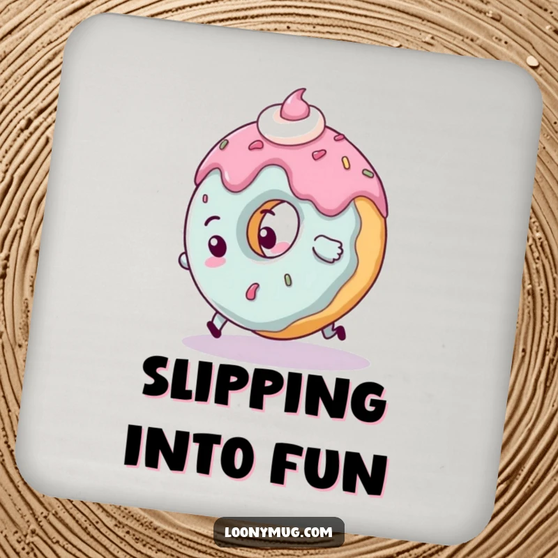 Funny clumsy donut coaster character tripping over its frosting, a humorous table protector.