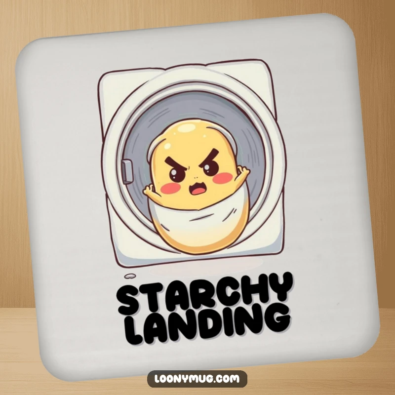 Funny drink coaster featuring a determined potato rolling down a laundry chute, protecting surfaces with humor.