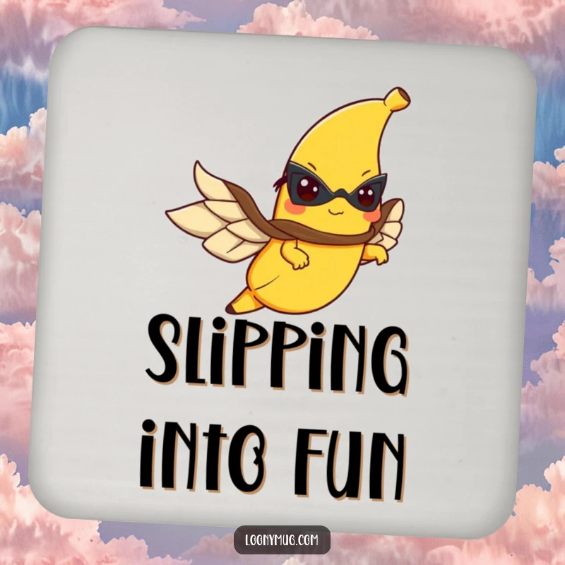 Funny coaster set featuring a determined flying banana in a cape, offering stylish protection for tabletops.