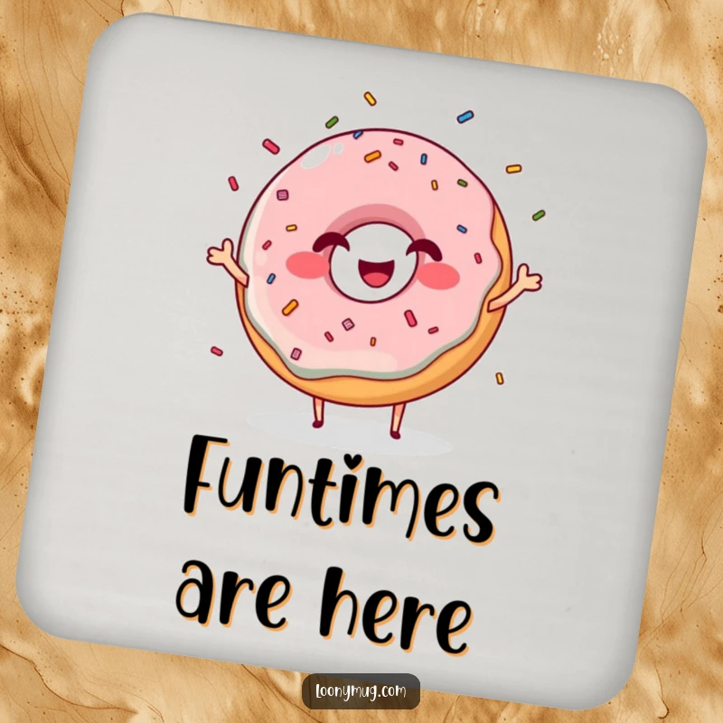 Funny giggling donut coaster character juggling sprinkles with a grin, a humorous table protector.