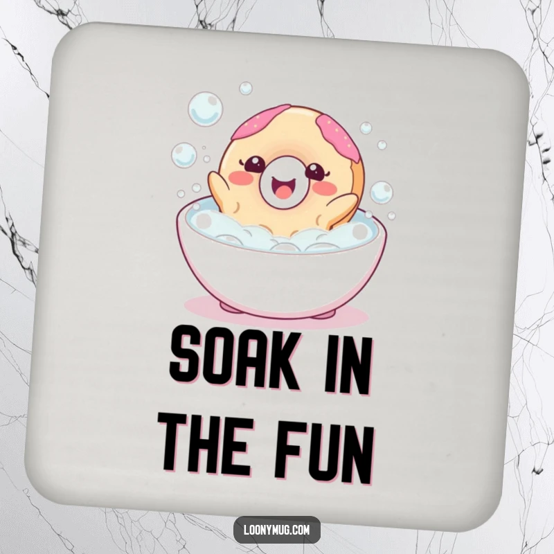Funny drink coaster depicting a happy donut character blissfully floating in a bubble bath, adding sweet humor.