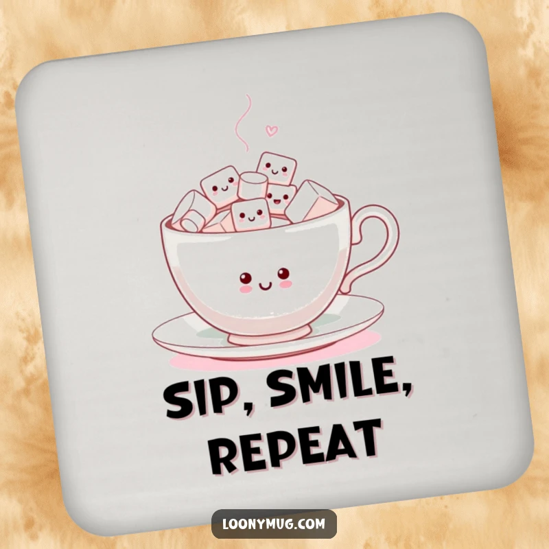 Funny Drink Coaster set displaying a happy teacup overflowing with tiny, animated marshmallows dancing, adding a humorous touch.