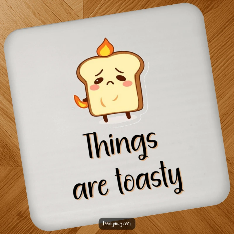 Funny coaster with a nervous slice of toast trying to put out a small fire on its back, protecting surfaces humorously.