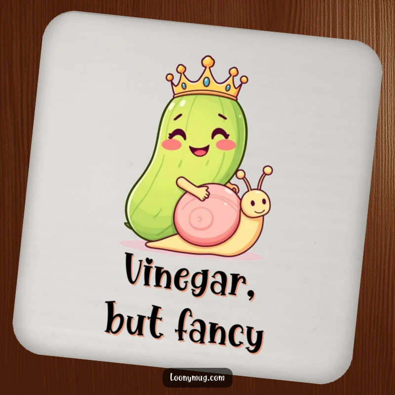 Funny drink coaster: a grinning pickle wearing a crown rides a snail, offering a humorous and protective touch to tables.