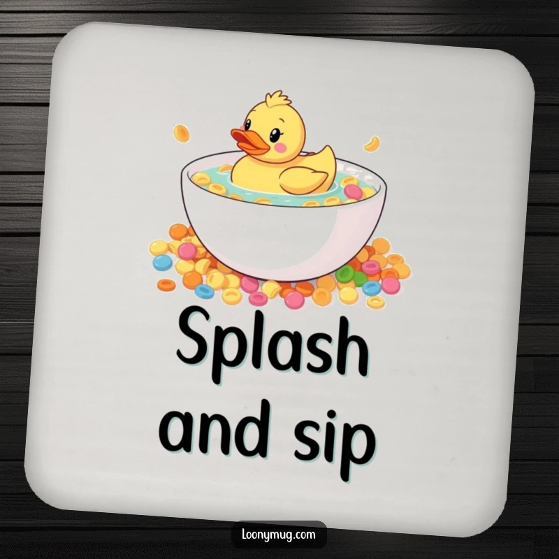 Funny rubber duck in a huge bowl of cereal, on a drink coaster, protecting surfaces with quirky humor.
