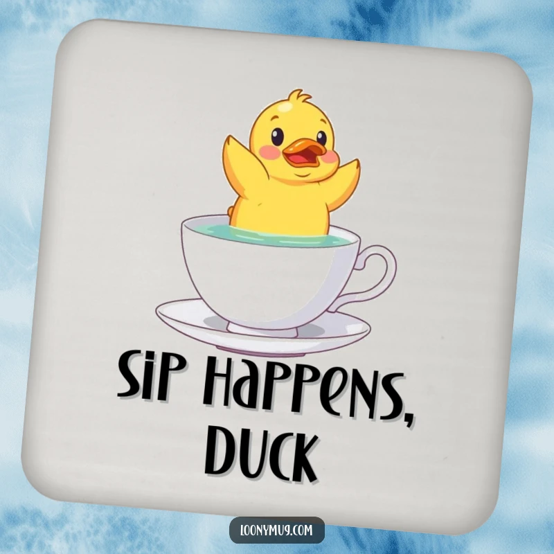 Funny rubber duck in a teacup artistic design on a drink coaster, providing surface protection with humor.
