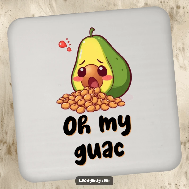 Funny shocked avocado spilling its seeds in disbelief, printed on a protective drink coaster. A humorous and functional accessory.