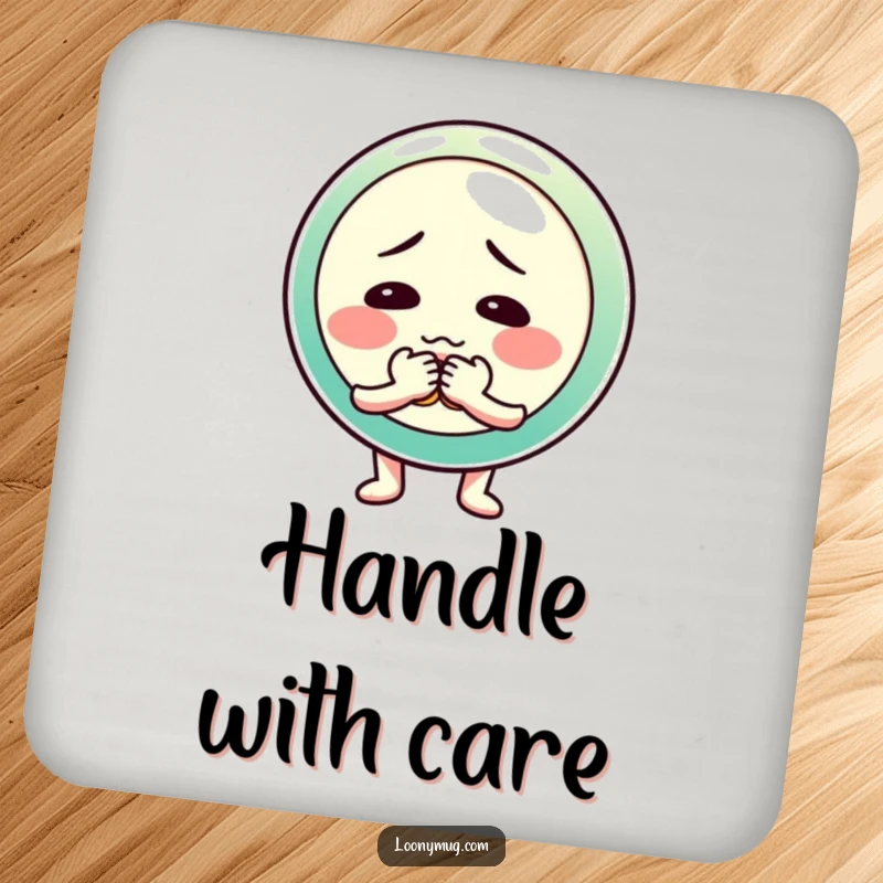 Funny drink coaster featuring a shy button character fumbling with its buttons, for humorous surface protection.