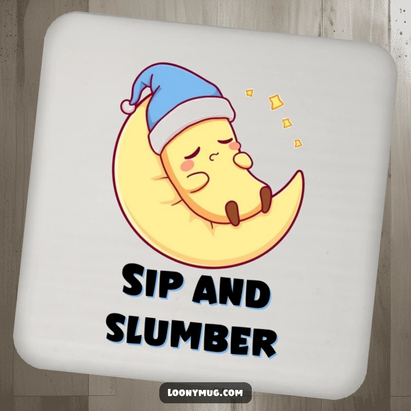 Funny banana wearing a nightcap, snoring on a moon pillow, on a drink coaster, protecting surfaces with humor.