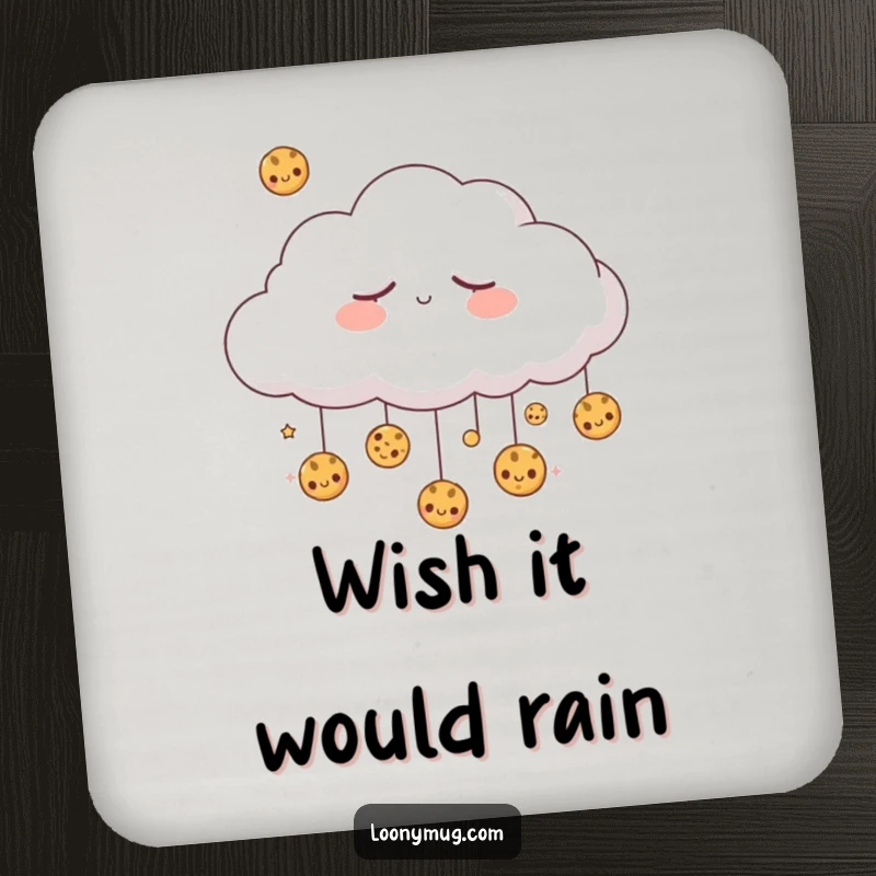 Funny sleepy cloud dreaming of raining cookies, printed on a protective drink coaster. A humorous and functional accessory.