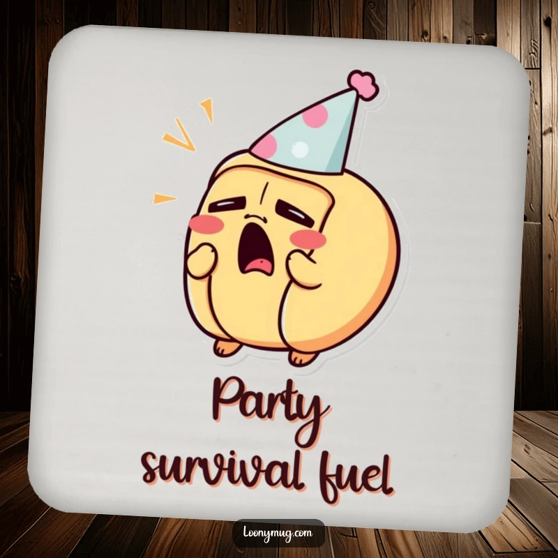 Funny drink coaster featuring a sleepy hot dog character yawning while wearing a tiny party hat.