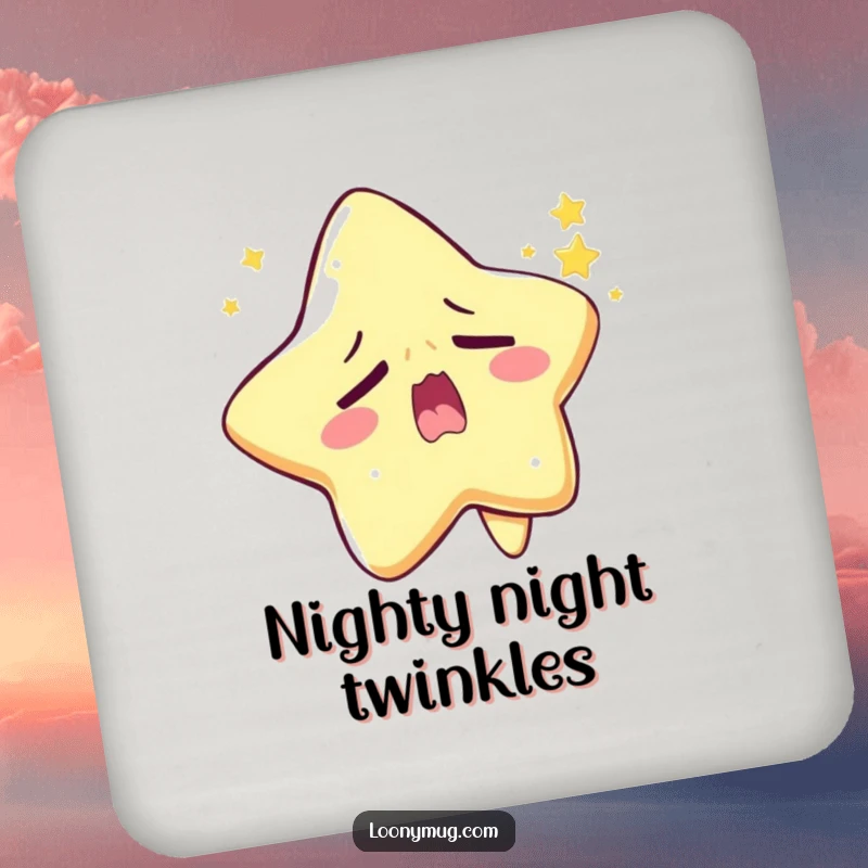 Funny sleepy star coaster character yawning widely, trying to twinkle, a humorous table protector.