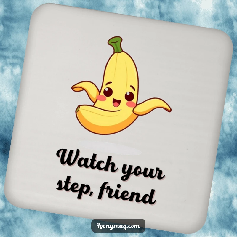 Funny Drink Coaster set depicting a cheerful banana peel comically slipping on itself with a surprised expression, perfect for kitchens.