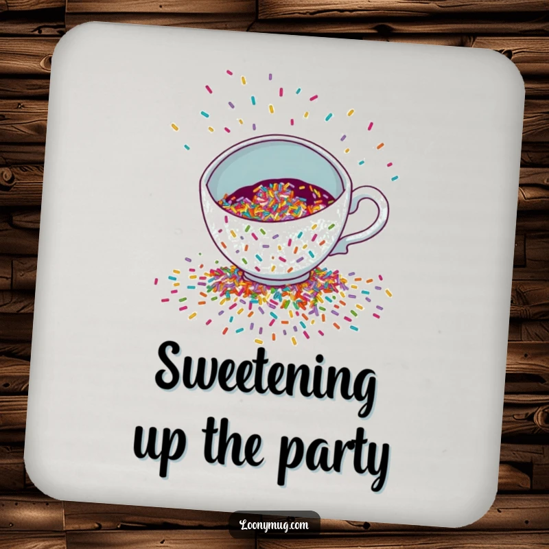Funny Drink Coaster featuring a mischievous teacup spilling a colorful cascade of sprinkles, offering festive humor and protection.