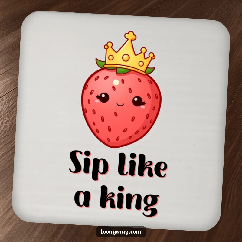 Funny drink coasters featuring a plump strawberry wearing a tiny crown, looking imperious, protecting surfaces with sweet authority.