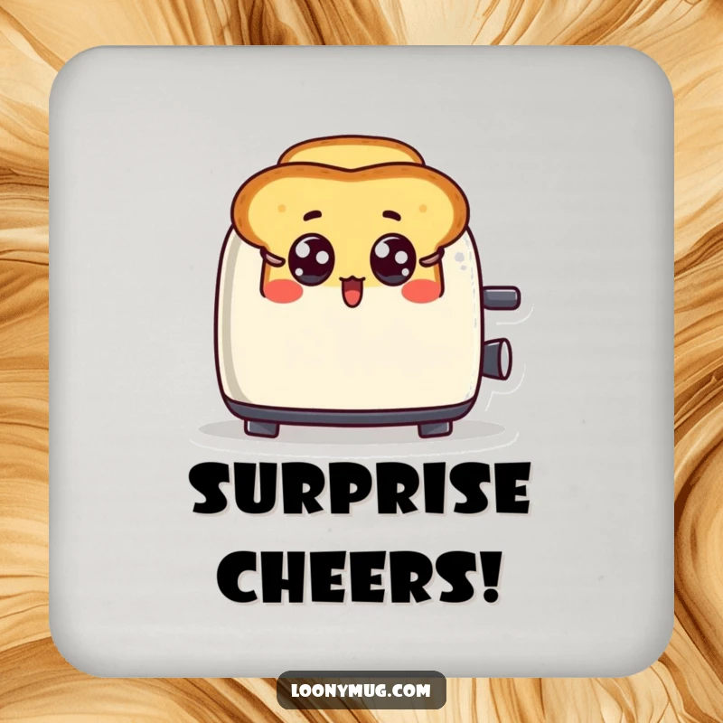 Funny drink coaster featuring a surprised toast character popping out of a toaster, adding humor to tabletops.