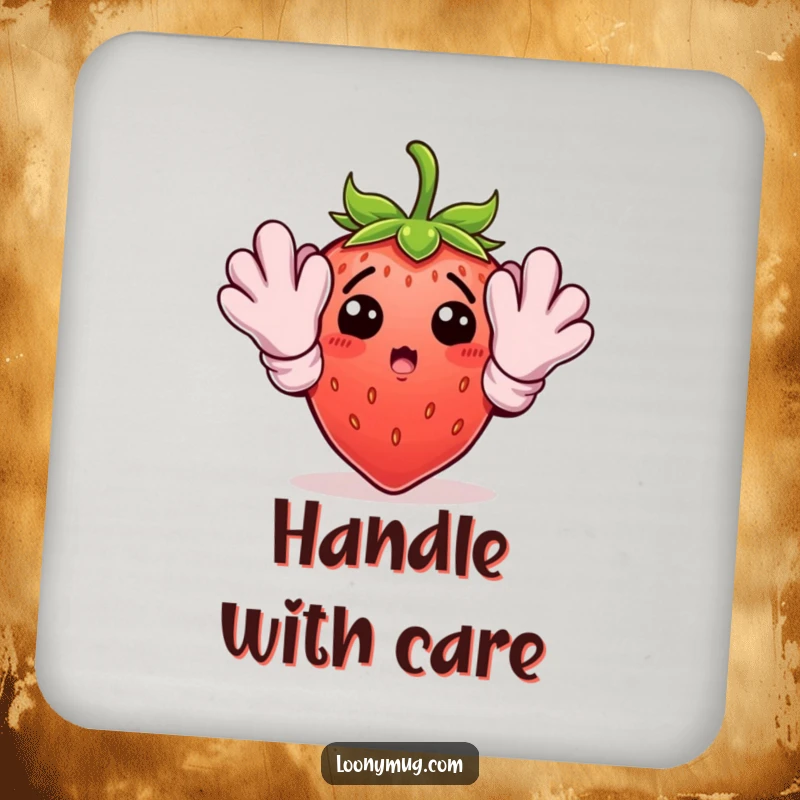 Funny gardening strawberry design on a drink coaster, providing surface protection with charming garden humor.