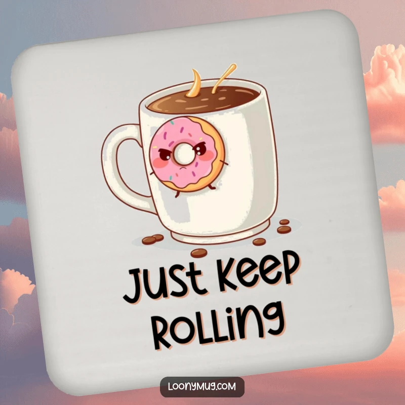 Funny grumpy donut attempting to escape a giant coffee mug, printed on a protective drink coaster. A humorous and functional accessory.