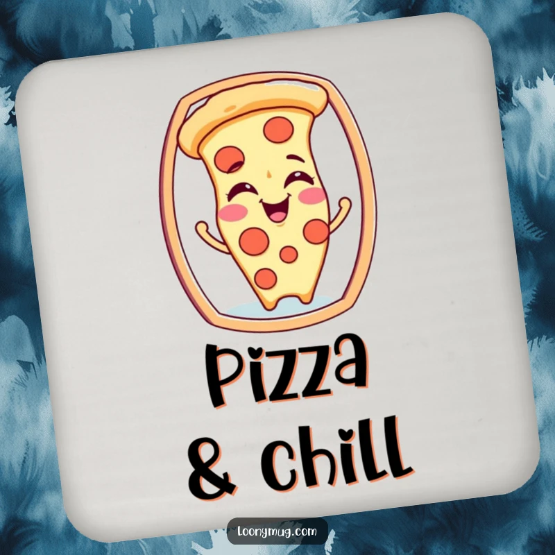 Funny drink coasters featuring a giggling pizza slice character making silly faces at its mirror image, protecting surfaces.